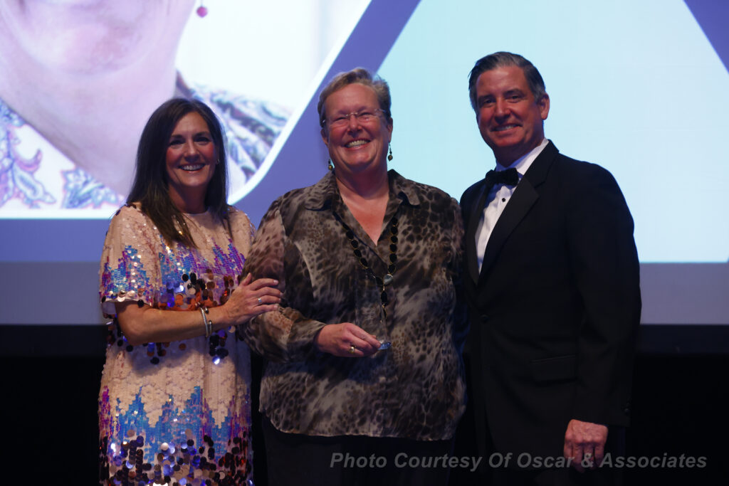 IAEE President and CEO Marsha Flanagan, M.Ed., CEM (left) and 2024 IAEE Awards Committee Chairperson Bob O’Connell (right) present Janet Sperstad (middle) the IAEE Pinnacle Award at the ceremony held during Expo! Expo! IAEE’s Annual Meeting & Exhibition 2024 in Los Angeles, CA.